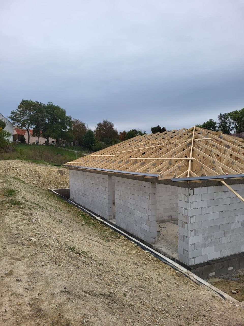 Bungalow shell with the truss roof in place